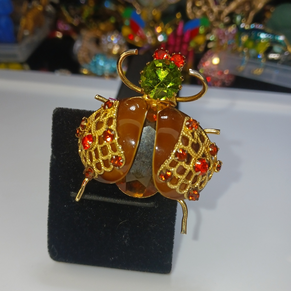 Vintage Insect Beetle Bug Rhinestone Brooch Pin Glass - Picture 3 of 16